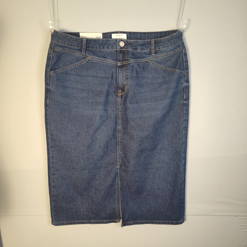 Edited x Hunter McGrady Denim Midi Skirt Blue Dark Wash Front Slit Size 16 NEW